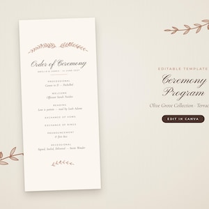 Terracotta Wedding Program Template, Olive Branch Order of Ceremony, Printable Canva Ceremony Program 4x9, Boho Order of Service