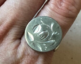 Antique BUTTON Ring. Victorian Black Glass, Adjustable Sterling Band ...