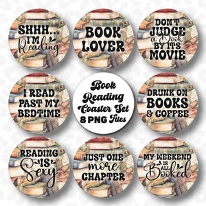 Reading Coaster PNG, Book Coaster Bundle of 8, Sublimation Design, Book Car Coaster PNG, Book Coaster PNG, Keychain Design, Digital Download