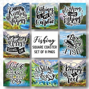 Square Coaster PNG, Father's Day, Fishing Square Coaster Bundle of 8, Sublimation Design, Dad Coaster PNG, Square Keychain PNG