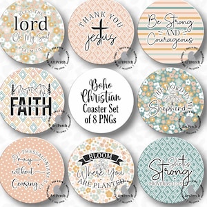 Puede incluir: Un juego de ocho posavasos redondos con citas inspiradoras y diseños florales o geométricos. Los posavasos presentan frases como «Bendice al Señor», «Gracias Jesús» y «Sé fuerte y valiente». La paleta de colores incluye tonos pastel de melocotón, azul y amarillo.