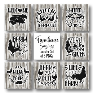 Farmhouse Coaster png Set, Square Farmhouse Coaster PNG, Chicken Coaster PNG, Cow Coaster PNG, Bundle of 8, Digital Download