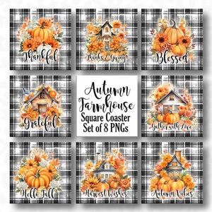Autumn Farmhouse Coaster PNGs, Fall Coaster PNG Bundle, Thanksgiving Keychain PNG, Digital Download, Square Coaster PNG