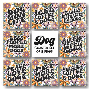 Retro Dog Coaster PNGs, Bundle of 8, Square Coaster Sublimation Designs, Keychain Design, Charm Design, Funny Coaster PNG, Dog Mom Bundle