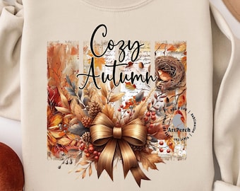 Cozy Autumn Shirt Design, Fall Leaves png, Autumn Bow png, Fall png, Thanksgiving png, Sublimation Design, Digital Download, Autumn png