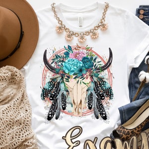 Boho Shirt Design, Western Skull PNG, Boho Western PNG, Sublimation Design, Bull Skull, Feathers, Digital Download, boho png, western png, skull png, bull skull png