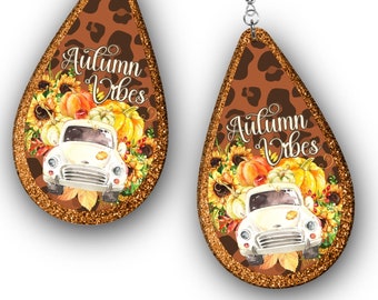 Autumn Vibes Earring PNG, Fall Drop Earring Sublimation Design, Vintage Truck, Leopard Print, Earring PNG, Digital Download