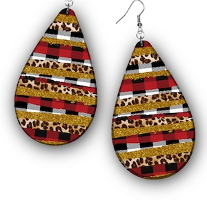 Christmas Earring PNG, Black White Plaid, Red Black Plaid, Sublimation Design, Leopard Print Earring PNG, Drop Earring PNG, Digital Download