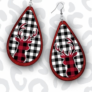 Buffalo Plaid Christmas Winter Deer Tear Drop Earring PNG Sublimation Design - Instant Download