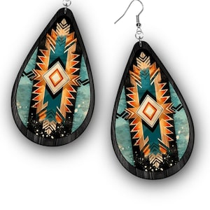 May include: A pair of teardrop-shaped earrings with a black wood base and a colorful geometric pattern in shades of teal, orange, and gold.