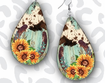 Western Earring PNG, Drop Earring Design, Rusty Horseshoe, Sunflower Earring PNG, Sublimation Design, Cowhide Earring PNG