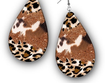 Pendientes de estilo western PNG, estampado de piel de vaca, estampado de leopardo, purpurina bronce, pendientes colgantes PNG, diseño de sublimación, descarga digital