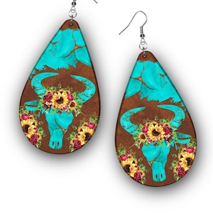 Earring PNG, Turquoise, Bull Skull, Sunflowers, Earring Sublimation Design, Western Earring PNG, Skull Earring PNG, Turquoise Earring Design