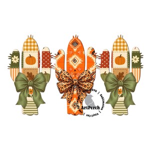 May include: Three cactus illustrations featuring autumn themes. The two outer cacti have orange plaid, pumpkins, and olive green bows. The center cactus has an orange geometric pattern and a leopard print bow. Text reads ArtPerch 300 dpi.