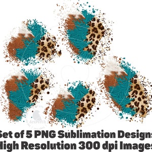 Pode incluir: Conjunto de cinco designs de sublimação PNG com uma mistura de texturas e padrões. Os designs incluem padrões florais turquesa, pele de vaca castanha e detalhes com estampa de leopardo. O texto diz "Set of 5 PNG Sublimation Designs High Resolution 300 dpi Images."