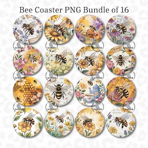 Bee Coaster PNG, Bundle of 16 PNGs, Honeybee Coaster PNG, Sublimation Design, Digital Download, Coaster Clipart, Keychain png, Button png
