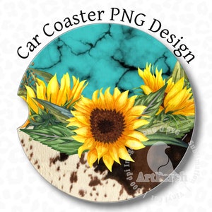 Western Car Coaster PNG, Turquoise Car Coaster Design, Cowhide Car Coaster PNG, Sunflower Car Coaster PNG, Sublimation Design, Digital png