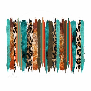 May include: Abstract digital artwork with vertical brushstrokes in teal, brown, orange, and leopard print patterns. The design has a distressed, textured appearance, with a white background and a circular element.