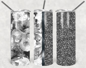 Tumbler Wrap, Gray Floral Tumbler PNG, Glitter Look Tumbler PNG, 20 Oz Skinny Tumbler Sublimation Design, Digital Download