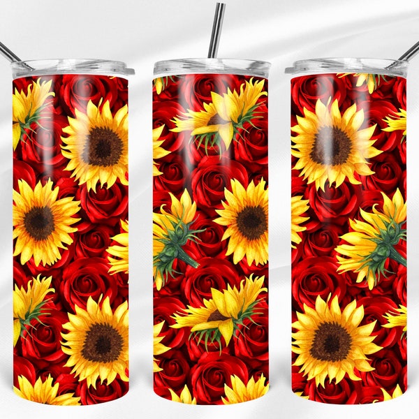 Sunflowers and Red Roses 20 Oz Skinny Tumbler PNG Design, Floral Tumble Wrap, Rose Tumbler PNG, Digital Download