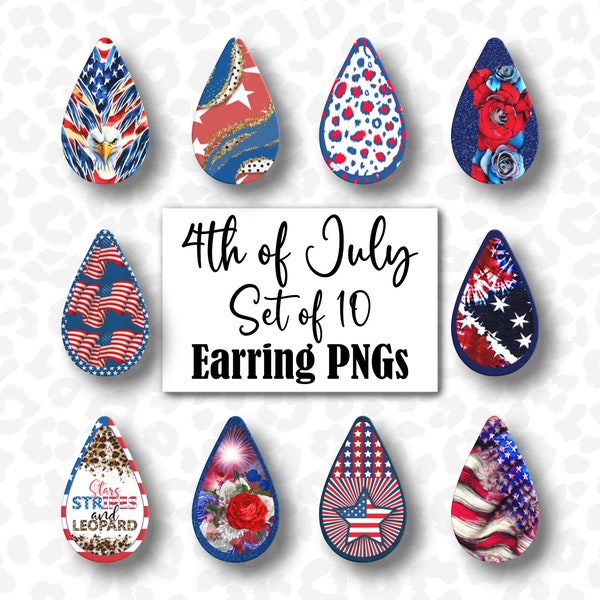 4th of July Earring PNGs, Drop Earring Sublimation Designs, Bundle of 10 PNGs, Patriotic Drop Earring PNG, American Flag Earring Design
