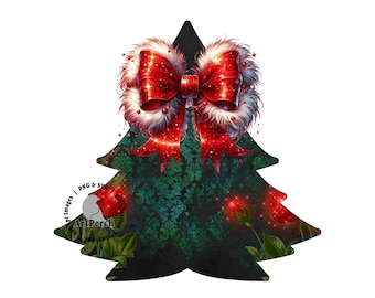 Weihnachts-Shirt-Design, Weihnachtsbaum PNG, Roter grüner Baum, rote Weihnachtsschleife, Weihnachten PNG, Sublimationsdesign, DTF. Digitaler Download