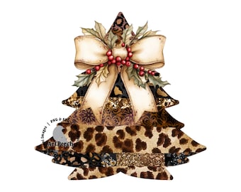 Christmas Tree Shirt Design, Leopard Print Christmas Tree PNG, Christmas Bow PNG, Sublimation Design, Digital Download, DTF