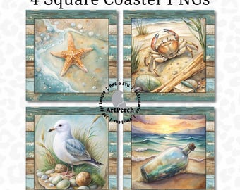 Beach Square Coaster PNG, Beach Coaster PNG, Coastal Coaster png, Sublimation Design, Digital Download, PNG File, Square Coaster Design