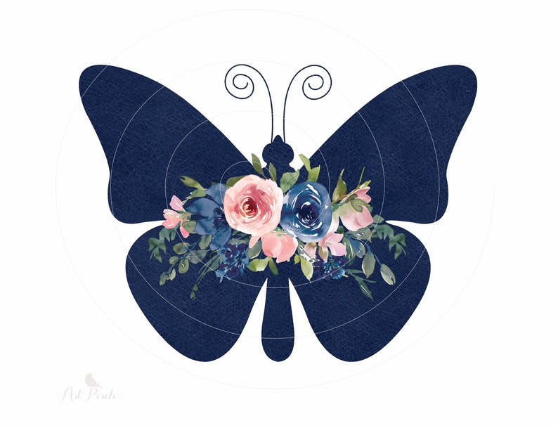 Instant Download Pink Blue Floral Butterfly Sublimation PNG Design Navy Texture