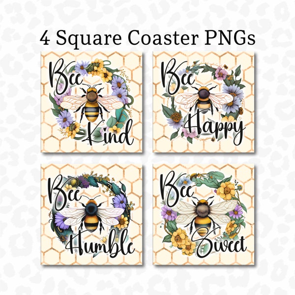 Square Coaster PNG, Honeybee Square Coaster Bundle of 4, Sublimation Design, Bee Kind Coaster PNG, Bee Humble Keychain PNG