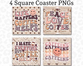 スクエアコースターPNG、コーヒーコースターデザインスクエアコースター4個セット、昇華デザイン、レトロコースターPNG、キーチェーンPNG、デジタルダウンロード