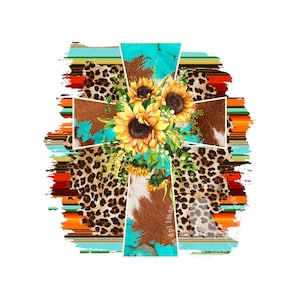May include: A turquoise cross with a brown cowhide and leopard print background. The cross is decorated with a bouquet of sunflowers.