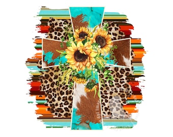 Cruz occidental PNG, diseño de camiseta cristiana, estampado de leopardo, sarape, girasoles, turquesa, diseño de sublimación de cruz, descarga digital
