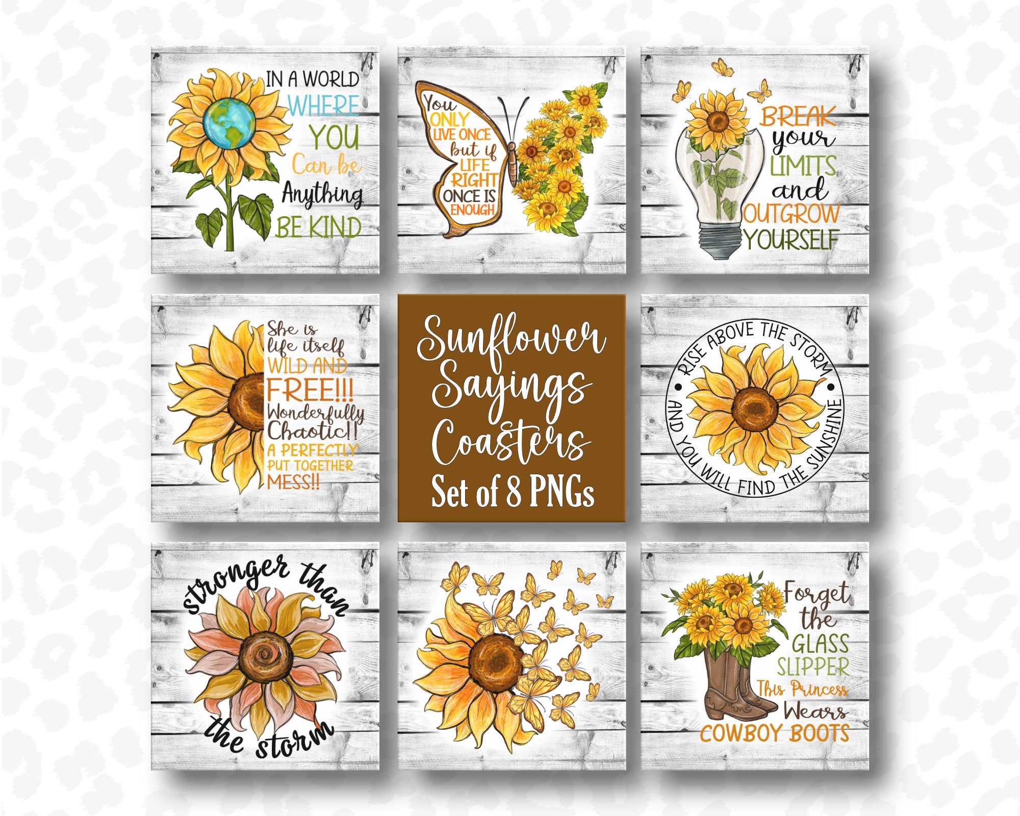 Square Coaster PNG, Sunflower Sayings, Square Coaster Bundle of 8, Sublimation Design, Sunflower Coaster PNG, Keychain PNG, Digital Download