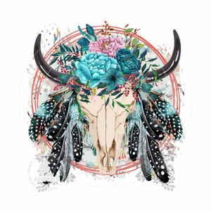 Boho Shirt Design, Western Skull PNG, Boho Western PNG, Sublimation Design, Bull Skull, Feathers, Digital Download, boho png, western png, skull png, bull skull png