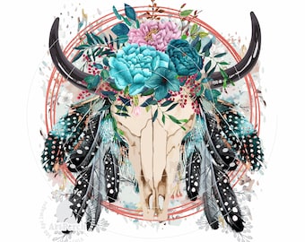 Boho Shirt Design, Western Skull PNG, Boho Western PNG, Sublimation Design, Bull Skull, Feathers, Digital Download