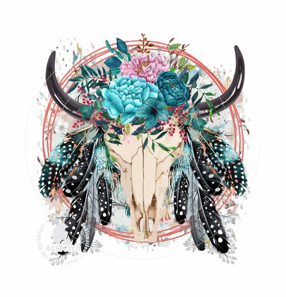 Boho Shirt Design, Western Skull PNG, Boho Western PNG, Sublimation Design, Bull Skull, Feathers, Digital Download