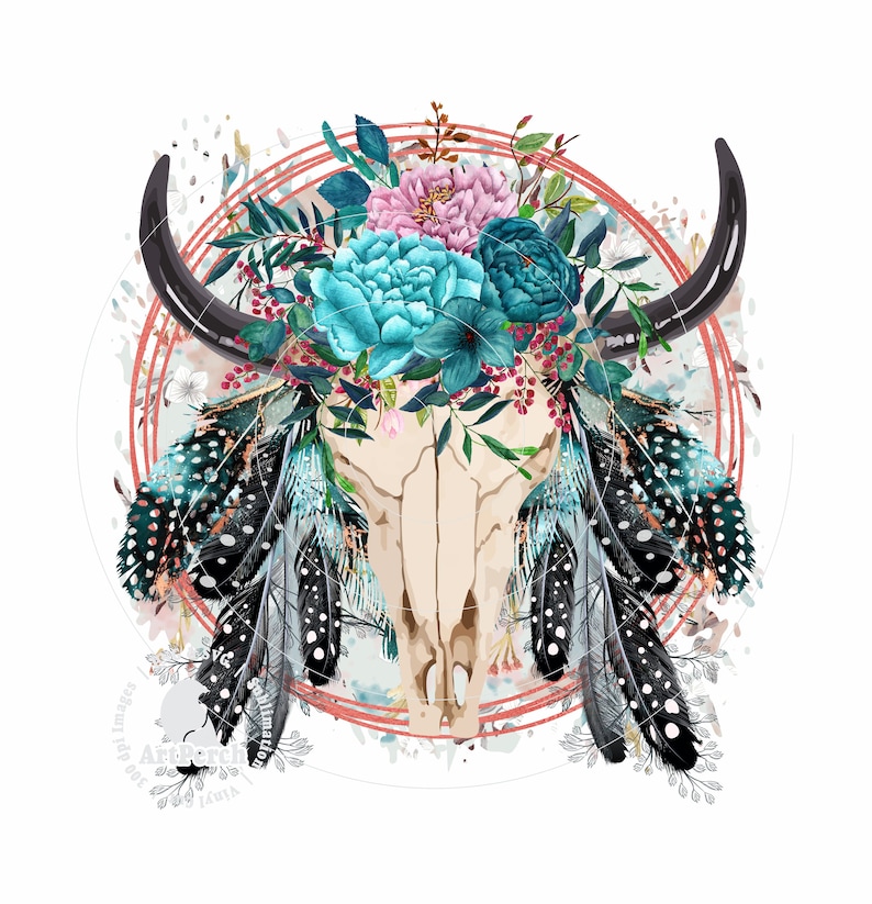 Boho Shirt Design, Western Skull PNG, Boho Western PNG, Sublimation Design, Bull Skull, Feathers, Digital Download, boho png, western png, skull png, bull skull png