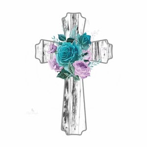Puede incluir: Una cruz de madera blanca con un contorno gris est&aacute; decorada con un ramo de rosas azul verdoso y moradas. Las rosas est&aacute;n dispuestas alrededor del centro de la cruz.