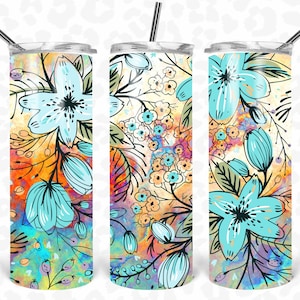 Tumbler Wrap, Teal Turquoise, Coral Floral, Muted Rainbow, 20 Oz Skinny Tumbler Sublimation PNG, Floral Tumbler PNG, Digital Download