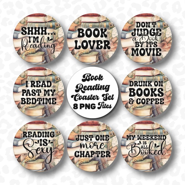 Reading Coaster PNG, Book Coaster Bundle of 8, Sublimation Design, Book Car Coaster PNG, Book Coaster PNG, Keychain Design, Digital Download