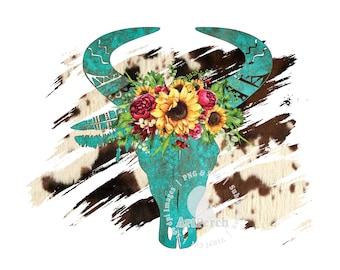 Boho PNG, Turquoise Skull PNG, Western Shirt Design, Sublimation Design, Cowhide Pattern, Digital Download