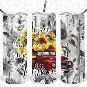 Tumbler Wrap, Jesus Take the Wheel, 20 Oz Skinny Tumbler Sublimation Design, Tumbler PNG, Red Vintage Truck, Sunflowers, Seamless Pattern