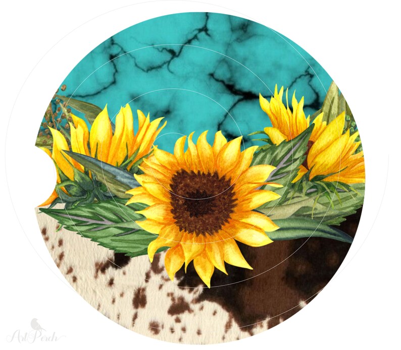 Turquoise Cowhide Sunflowers Car Coaster PNG Sublimation Design Instant Download