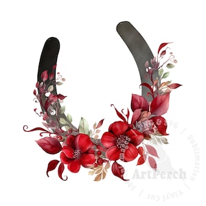 Red Floral Horseshoe PNG, Horseshoe Sublimation Design, Silver Gray Horseshoe, Horseshoe Shirt Design, Digital Download