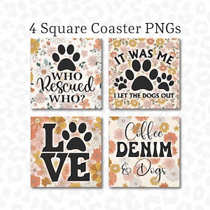 Retro Coaster PNG, Dog Coaster Design, Square Coaster Bundle of 4, Sublimation Design, Dog Coaster PNG, Keychain PNG, Digital Download