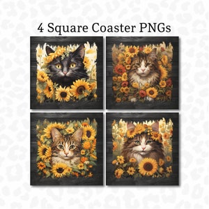 Pode incluir: Conjunto de quatro  tapetes quadrados com gatos rodeados de girassóis. Cada tapete tem uma raça de gato diferente, incluindo um gato preto, um gato tigrado e dois gatos tricolores. Os tapetes têm um fundo de madeira rústico.