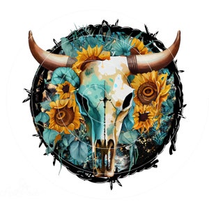 Western Bull Skull PNG, Sunflower Bull Skull Shirt Design, Sublimation Design, Digital Download, Rustic Barb Wire PNG, Graphic Clipart, ranch png, western skull png