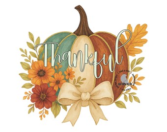 Thankful Pumpkin PNG, Fall Shirt Design, Autumn PNG, Thanksgiving PNG, Sublimation png, Digital Download, Floral Pumpkin png, Coquette Bow