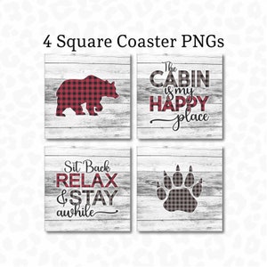 Cabin Coaster PNG, Square Coaster Sublimation Design, Buffalo Plaid Bear, Bear Coaster PNG, Keychain Design, Digital Download